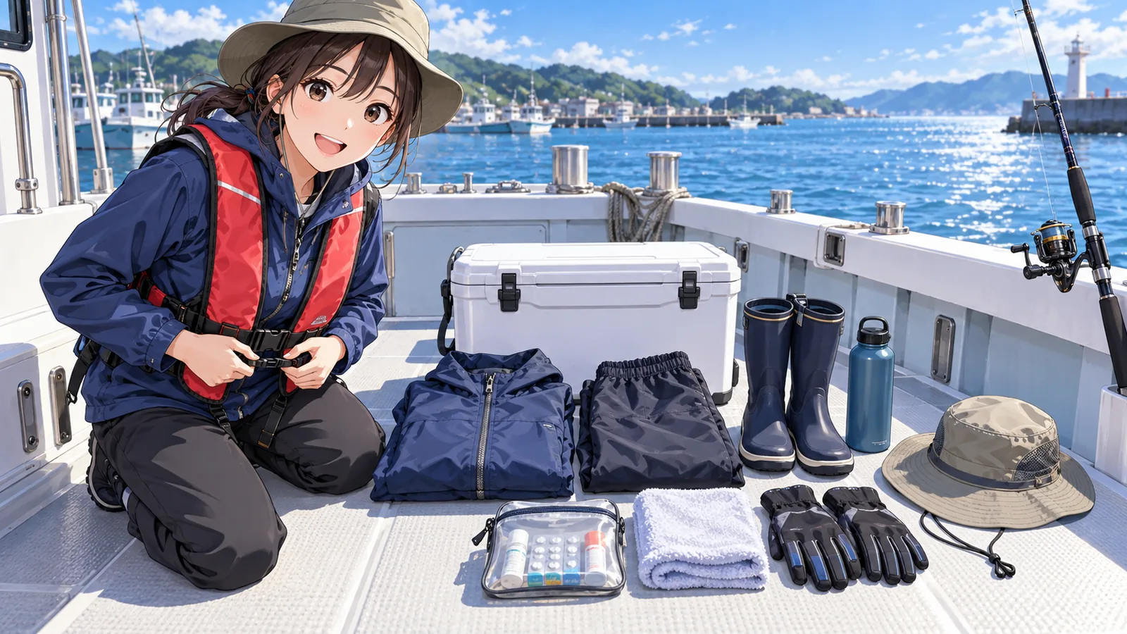 ライフジャケットを着た釣り人と船釣りの持ち物を並べたイラスト