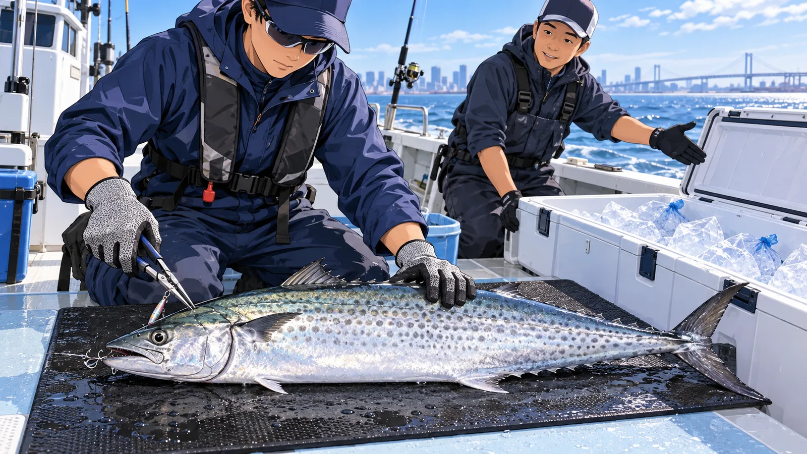 釣ったサワラを清潔な船上で冷やしてクーラーへ入れる準備のイラスト