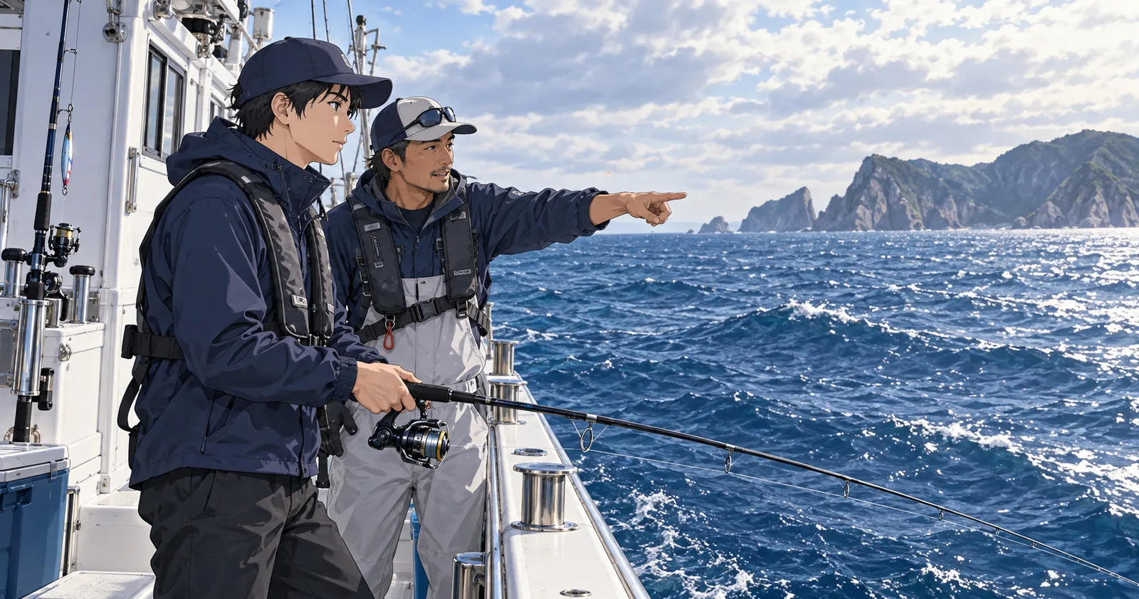 船のスタッフと海の流れや投入方向を確認するヒラマサ釣りのイラスト