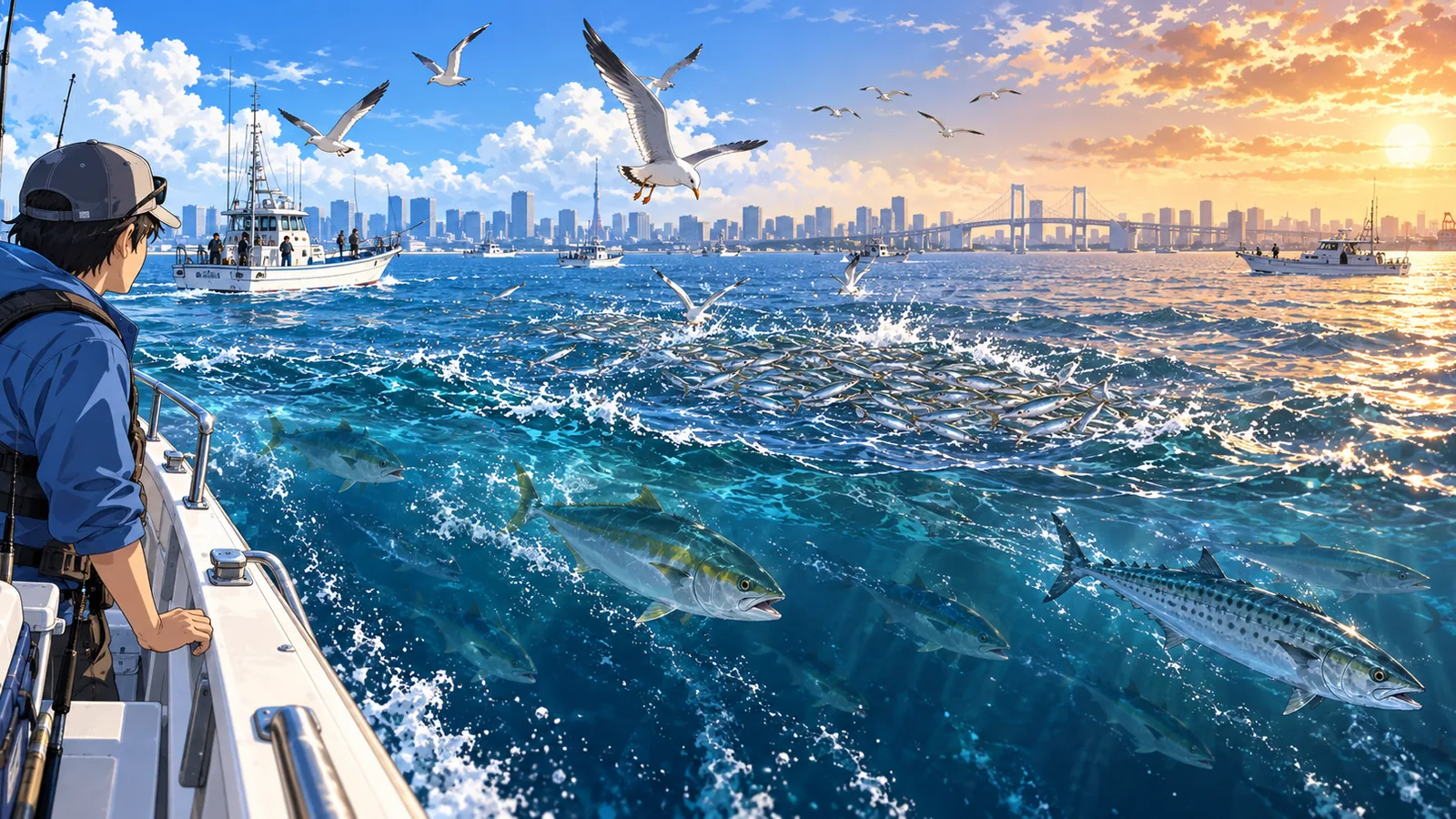 東京湾で鳥山を見ながら青物の季節を思い描くイラスト
